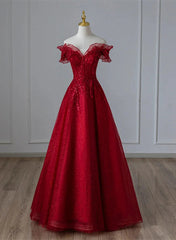 Wine Red Tulle with Sequins and Lace Party Dress Wine Red A-line Prom Dress prom dresses shops