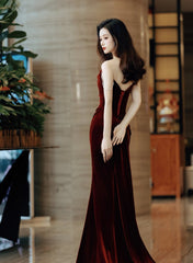 Wine Red Velvet Long Formal Dress Evening Dress, Wine Red Prom Dress