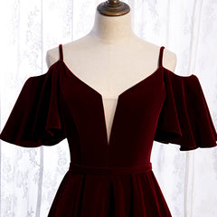 Wedding Ideas, Wine Red Velvet Off Shoulder Floor Length Party Dress, Velvet Junior Prom Dress