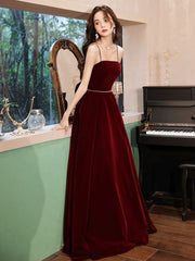 Wine Red Velvet Straps Long Party Dress with Bow, Wine Red Prom Dress