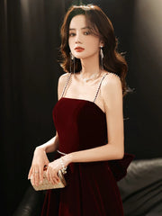 Wine Red Velvet Straps Long Party Dress with Bow, Wine Red Prom Dress