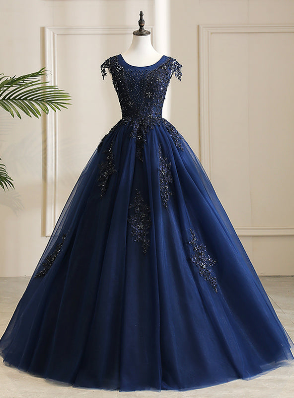 With Find Navy Blue Ball Gown Tulle Appliques Beading Cap Sleeve Quinceanera Dress