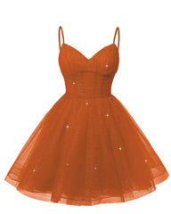 Women's V Neck Tulle Spaghetti Straps Burnt Orange Homecoming Dresses with Corset Back Short Prom Gowns for Teens