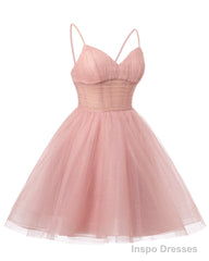Womens V Neck Tulle Spaghetti Straps Pearl Pink Homecoming Dresses with Corset Back Short Prom Gowns for Teens
