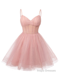 Womens V Neck Tulle Spaghetti Straps Pearl Pink Homecoming Dresses with Corset Back Short Prom Gowns for Teens