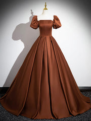 Prom Dress Pink, Brown Satin Floor Length Prom Dress , Off the Shoulder A-Line Evening Dress