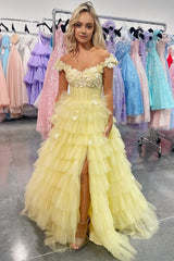 Yellow 3D Floral Lace Off-the-Shoulder Ruffle Tiered Prom Gown