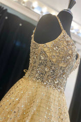 Yellow Beaded Plunge Neck A-Line Prom Gown