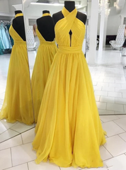 Yellow Chiffon Halter Pleats Prom Dress