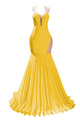 Yellow Prom Dresses Sexy Mermaid Women Evening Dress Sleeveless Open Back