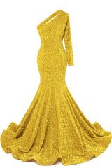 Yellow Sequins Mermaid Prom Dresses One Shoulder Evening Dresses Floor Length Wedding Party Gowns