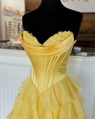 Yellow Strapless A-Line Ruffle Long Prom Dress With Split