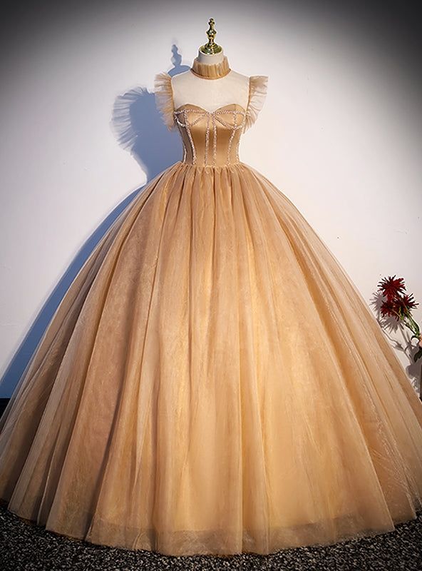 Yellow Tulle Beading See Through Neck Quinceanera Dress