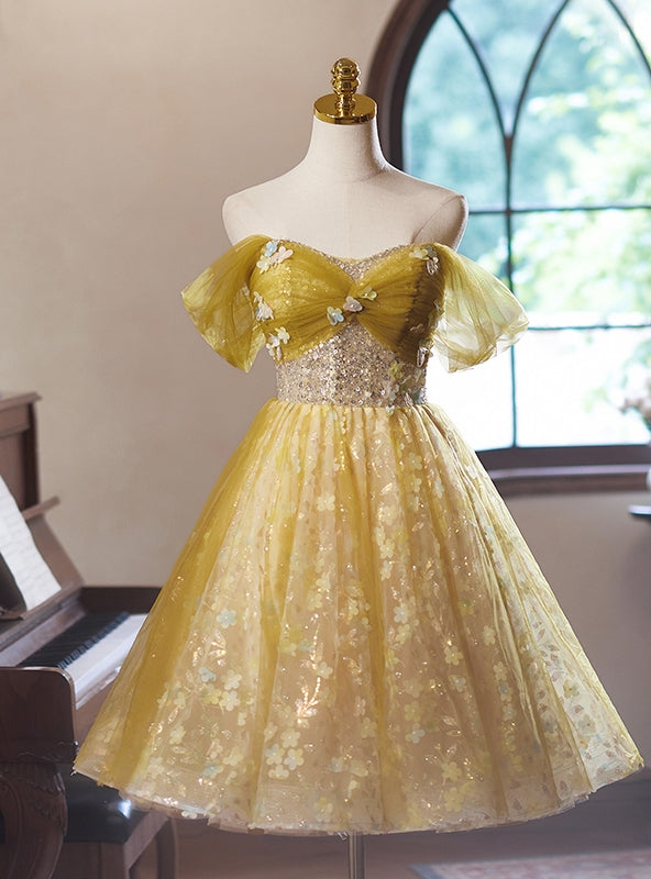 Yellow Tulle Flower Off the Shoulder Homecoming Dress