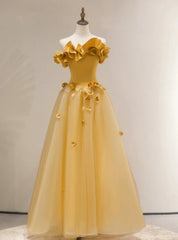 Yellow Tulle Flower Strapless Prom Dress