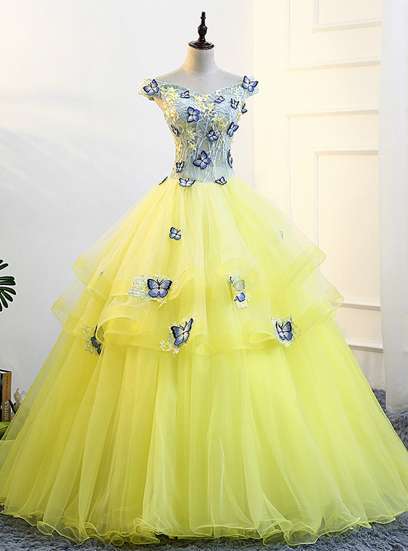 Yellow Tulle Off The Shoulder Butterfly Appliques Quinceanera Dresses