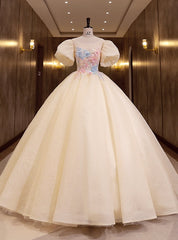 Yellow Tulle Puff Sleeve Appliques Quinceanera Dress