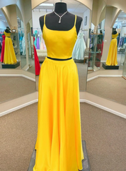 Yellow Two Piece Spaghetti Straps Prom Dress