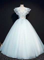 You Are Sure To Find The Perfect Sky Blue Ball Gown Tulle V-neck Appliques Quinceanera Dress