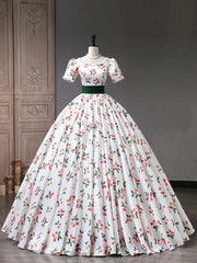 Prom Dress Cute, Beautiful Cherry Pattern Long Princess Prom Dress, White A-Line Short Sleeve Evening Party Dress