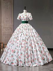 Prom Dresses Cute, Beautiful Cherry Pattern Long Princess Prom Dress, White A-Line Short Sleeve Evening Party Dress